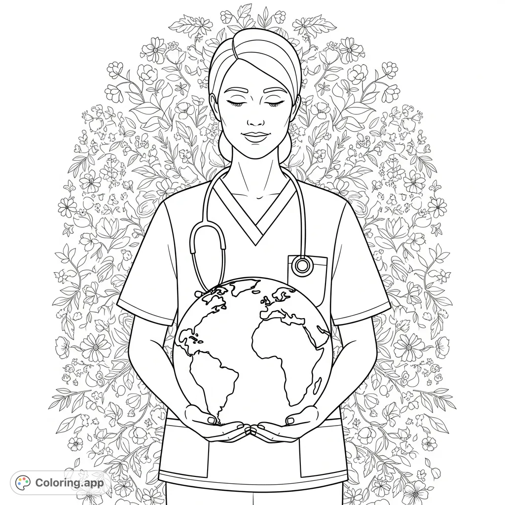 A compassionate nurse cradles a world globe, symbolizing global healing and strength. Features scrubs, stethoscope, and a peaceful expression against a floral background.
