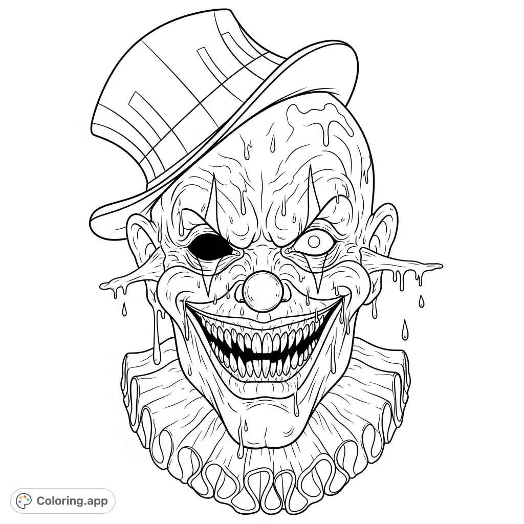 An unsettling, detailed headshot of a grotesque character with a wide, toothy grin, hollowed eyes, deep wrinkles, an askew top hat, and a ruffled collar.