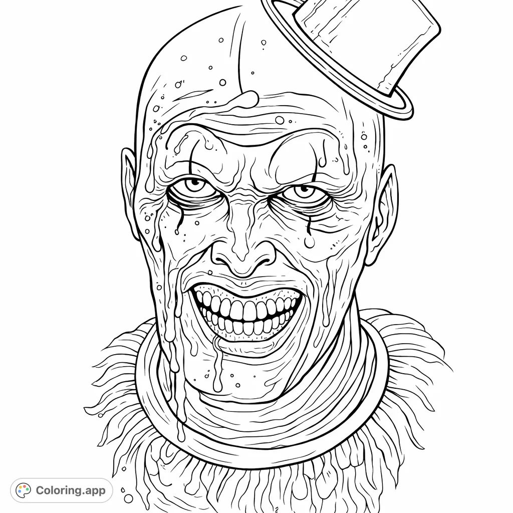 An unsettling, highly detailed coloring page of a grotesque clown-like face with a wide, toothy grin, a top hat, and a ruffled collar.