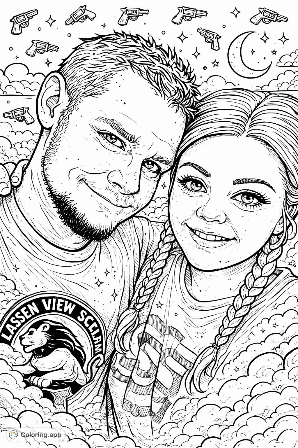 A detailed, cartoony portrait of a smiling couple with bold outlines, featuring a man with a beard and a woman with braids. Includes surreal details and tiny pistol revolver patterns.
