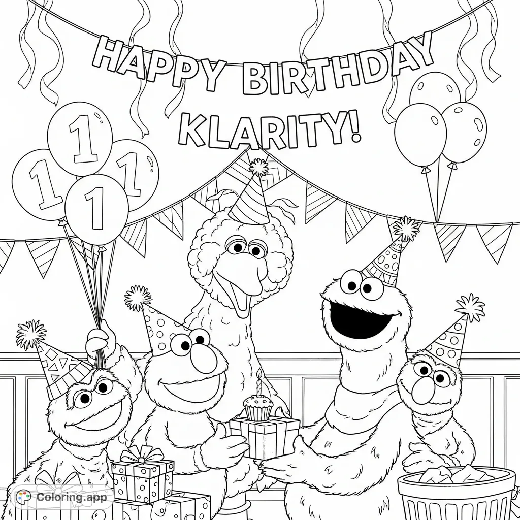 Join Elmo, Big Bird, Cookie Monster, and friends for a joyous birthday celebration featuring festive decor, presents, and a special 'Happy Birthday Klarity!' banner.