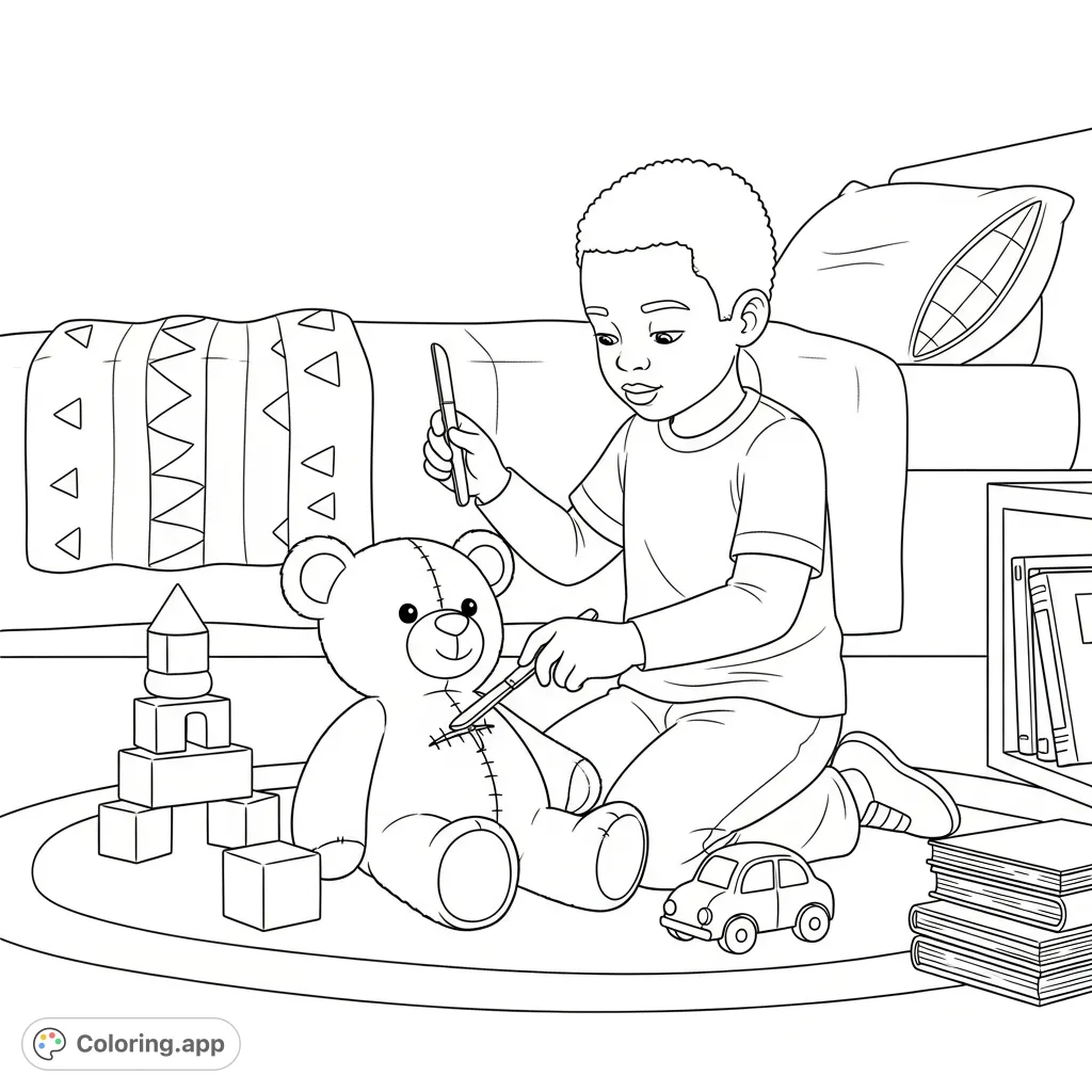 A six-year-old African American boy plays doctor in his bedroom, performing "surgery" on his teddy bear with a toy scalpel amidst other toys. Perfect for kids!