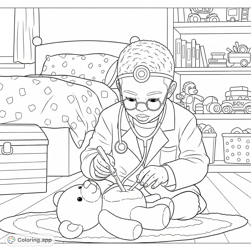 A heartwarming free printable doctor coloring page featuring an African American boy in a doctor's coat, operating on his teddy bear in a detailed bedroom setting.