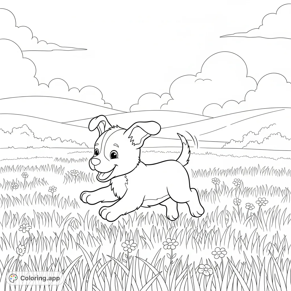 Capture the playful spirit of a cute puppy romping through a sunny grassfield, surrounded by tiny flowers and gentle hills. A delightful, free printable coloring page!