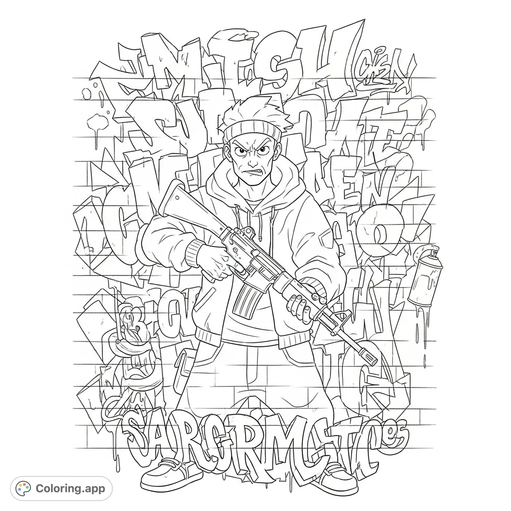 Depicts an aggressive character with a firearm as character art on a detailed graffiti wall, surrounded by bold lettering and urban designs.