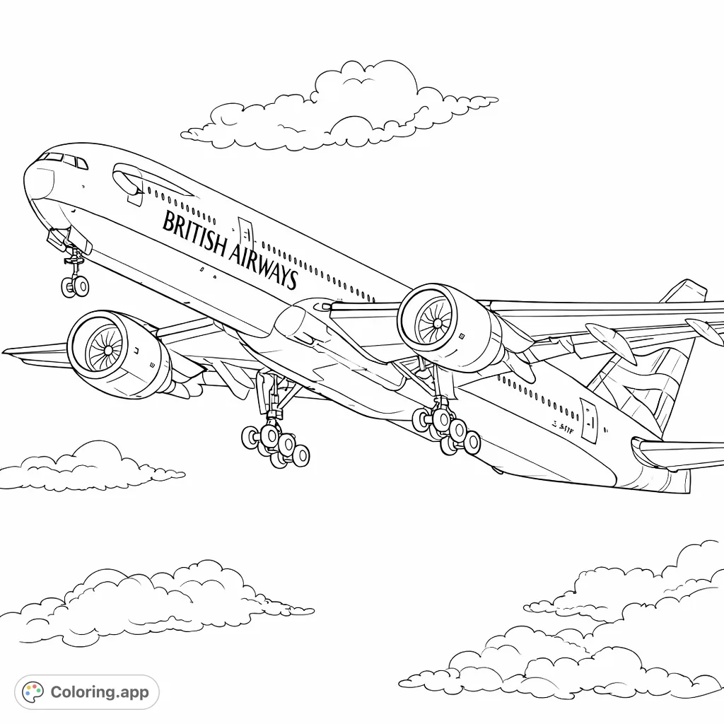 Dynamic airplane takeoff coloring page, capturing a large passenger jet with detailed engines and deployed landing gear against a cloudy sky. Perfect for aviation fans.