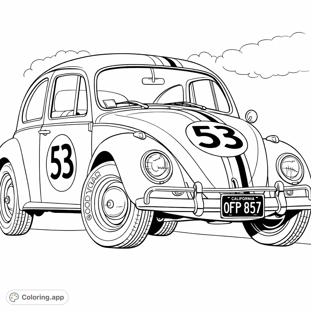 Race into fun with this iconic compact car coloring page! Features racing stripes, number 53, and a vintage design perfect for all ages.