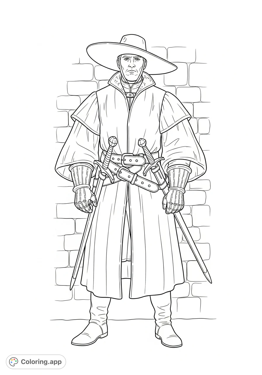 An intriguing medieval man with a prominent flat-brimmed hat, long coat, and dual swords. A captivating historical figure ready for your creative touch.