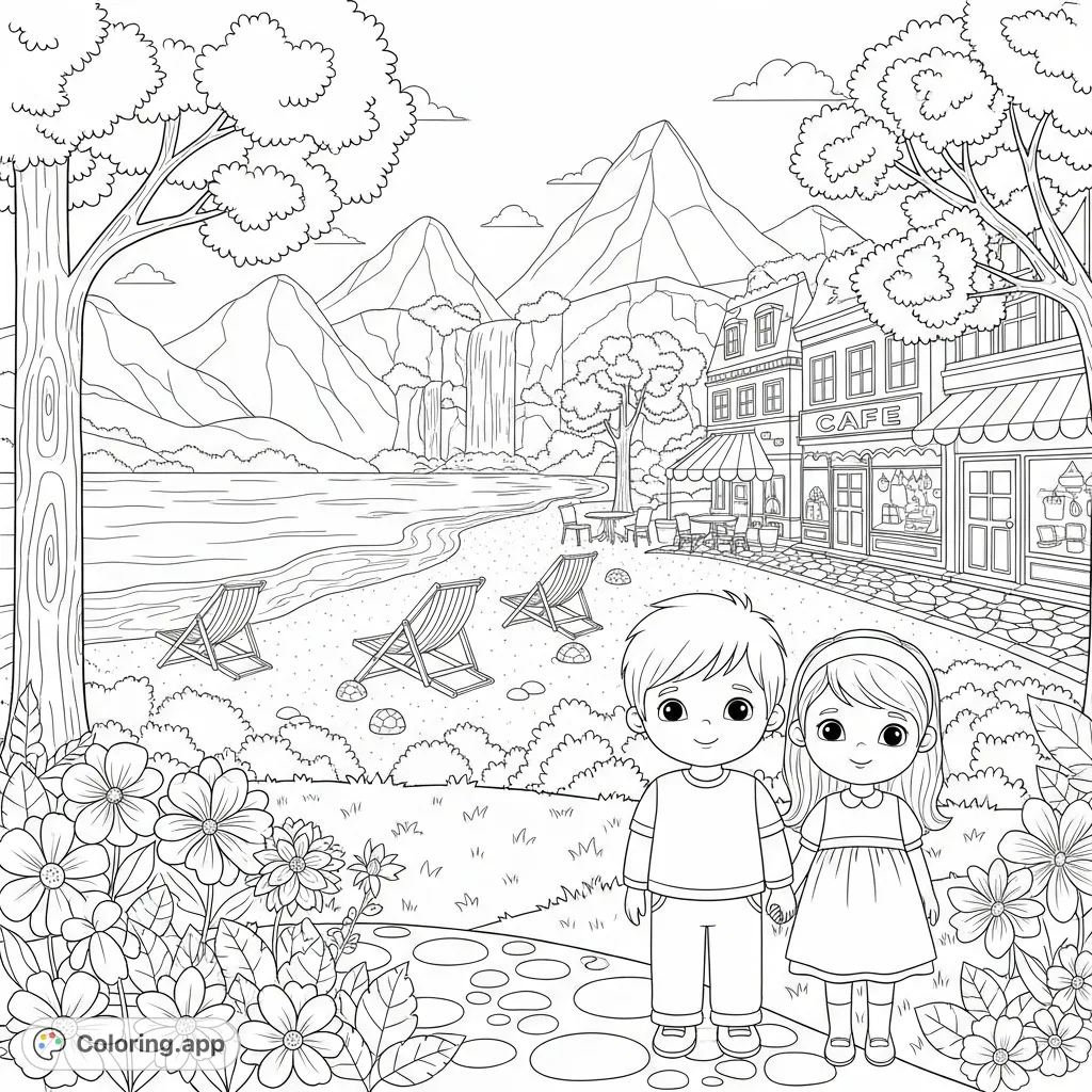 A charming boy and girl share a tender moment in an idyllic world featuring waterfalls, beaches, cafes, gardens, and mountains. A truly delightful scene.