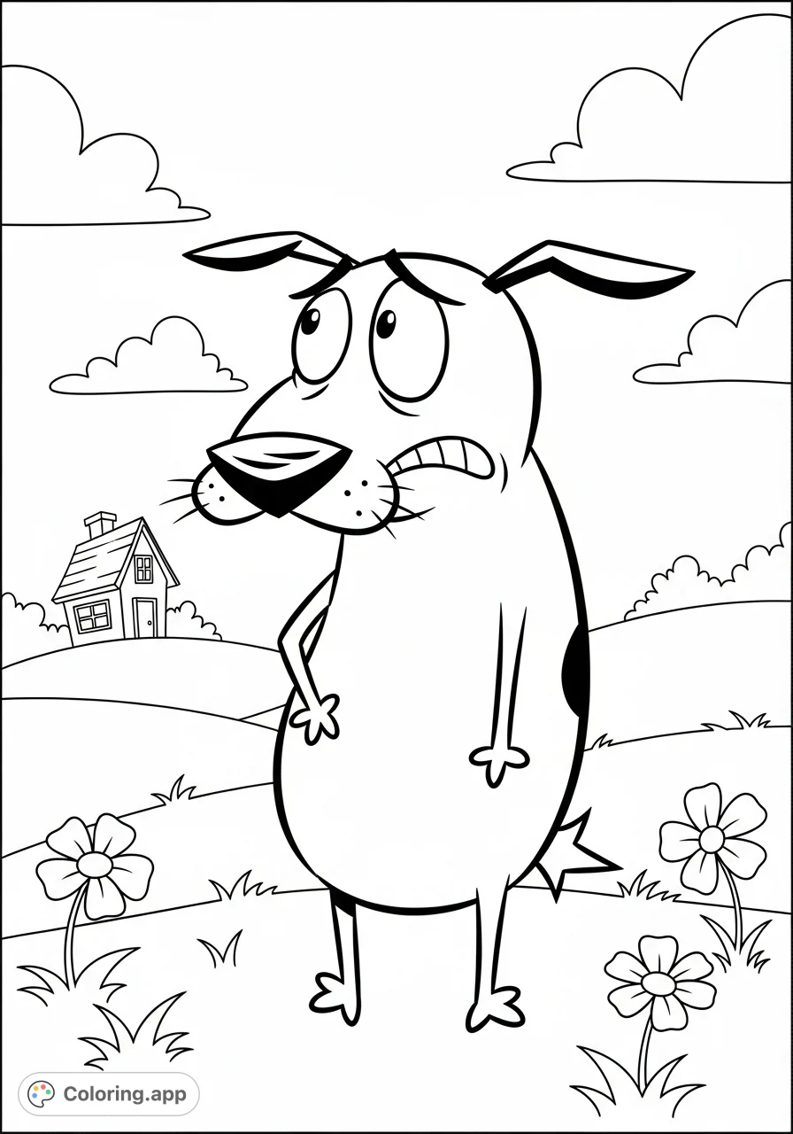 A delightful Courage the Cowardly Dog coloring page for kids aged 5-7. Features Courage looking timidly in a grassy field with a simple farmhouse.