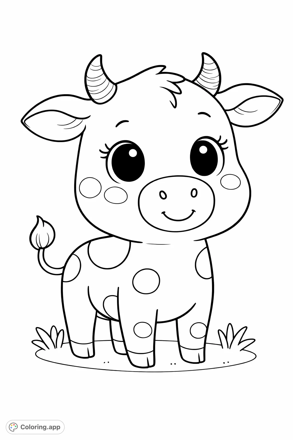 A charming, spotted baby calf with big eyes and a friendly smile stands in a grassy patch. Perfect for young artists to enjoy this cute farm animal!