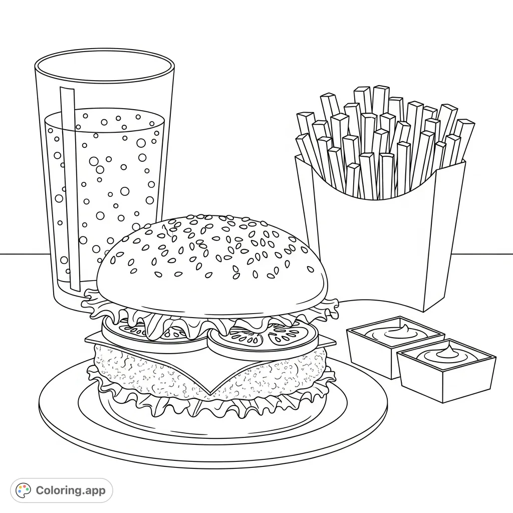 A delicious classic hamburger with a plump bun, thick patty, cheese, lettuce, and tomato, served with crispy fries and a refreshing beverage.