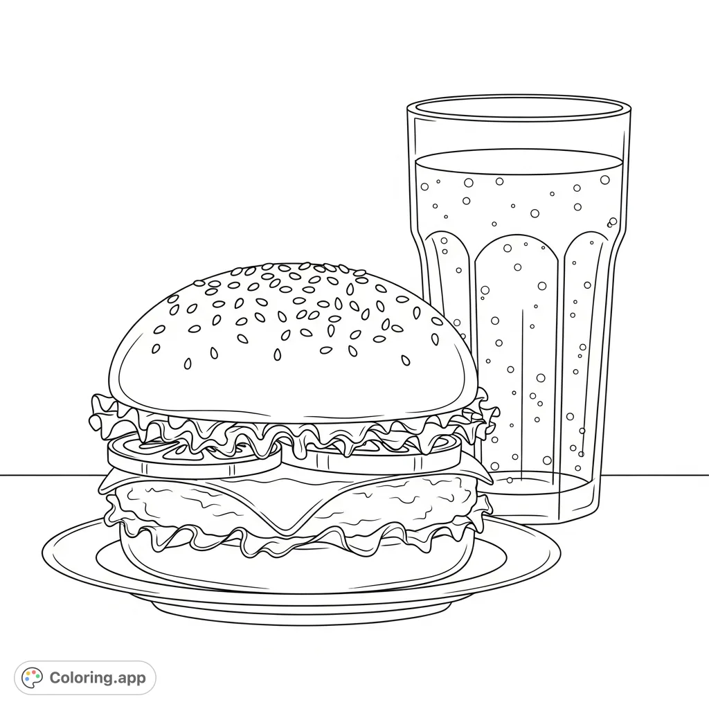 A delicious classic hamburger with all the fixings, paired with a refreshing beverage, ready for a fun coloring session. Perfect for food enthusiasts!