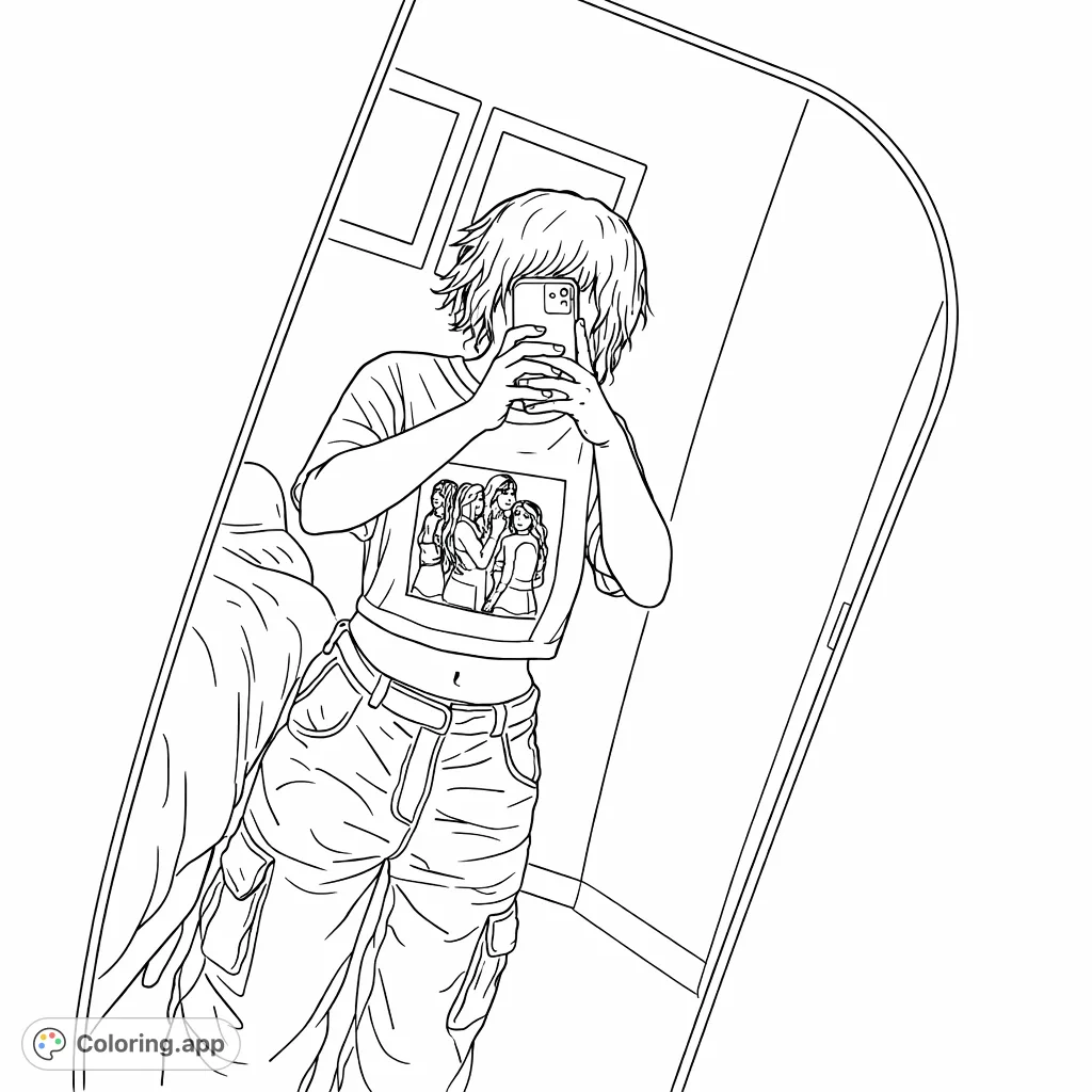 Capture a moment with this mirror selfie coloring page. Features a figure in modern attire taking a picture, perfect for personalizing contemporary style.