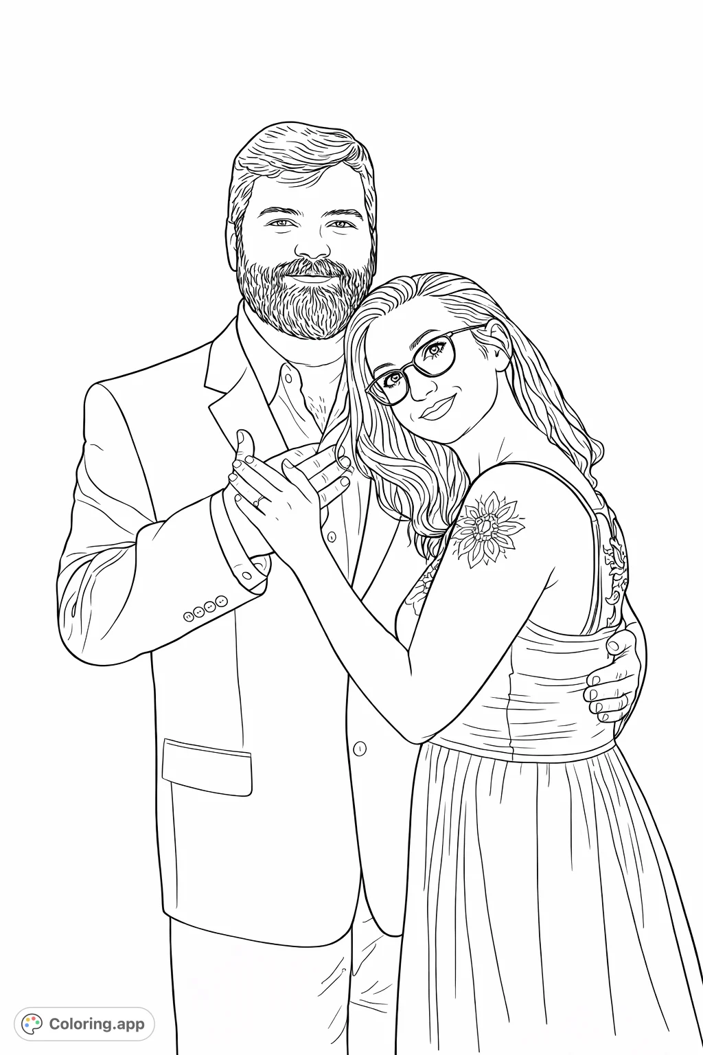A loving couple poses in formal wear, capturing a moment of affection. Features intricate details like a floral tattoo and patterned dress, perfect for a personalized creation.