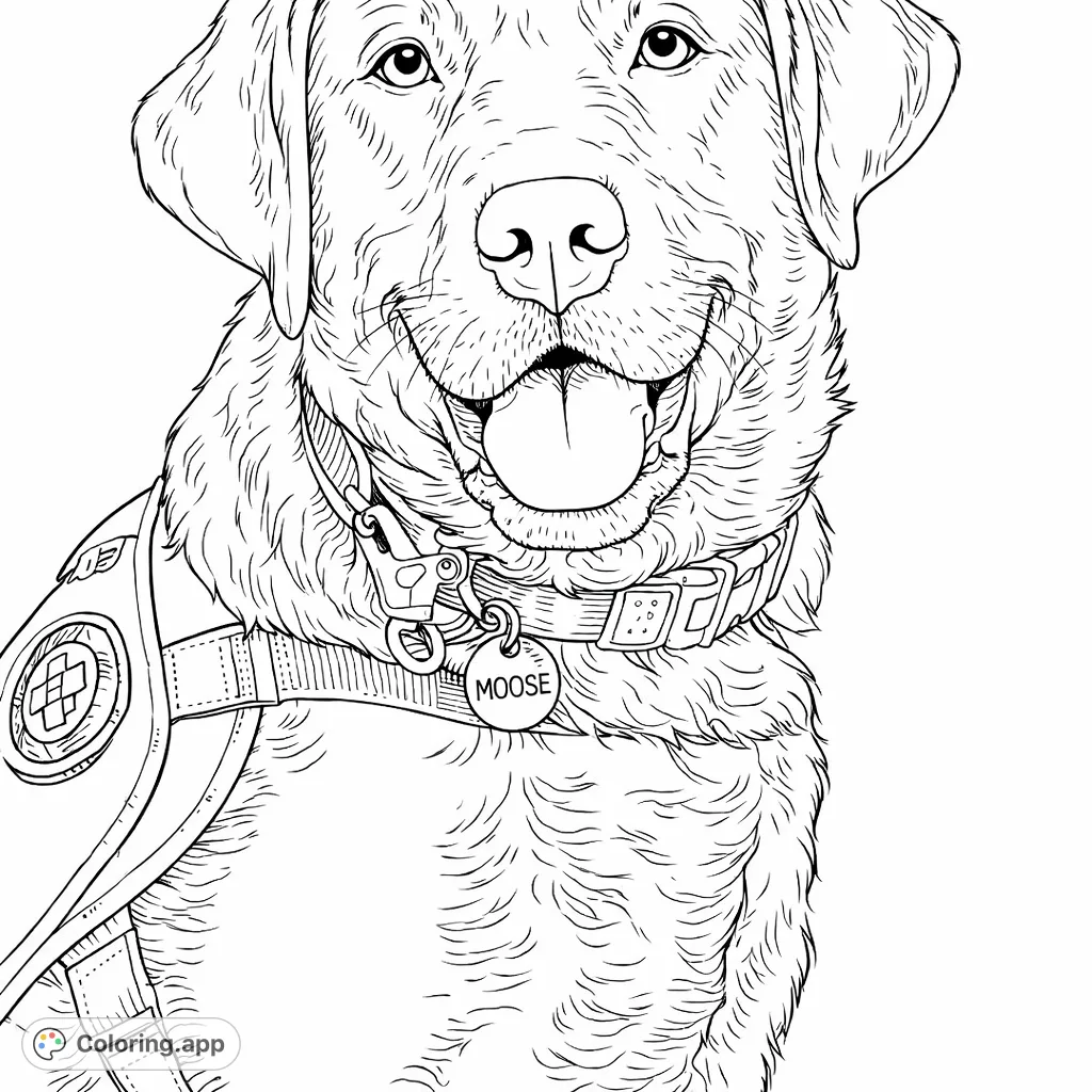 Color this devoted Labrador retriever wearing its service vest and a name tag. A heartwarming scene for dog lovers of all ages.