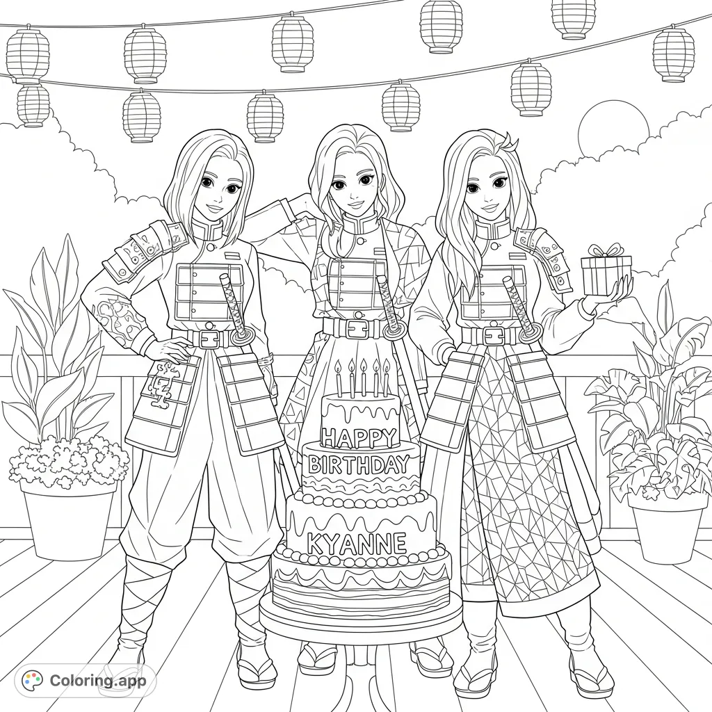 Celebrate KyAnne's birthday with Kpop-inspired demon hunter girls Rumi, Mira, and their friend, striking dynamic poses beside a grand cake!