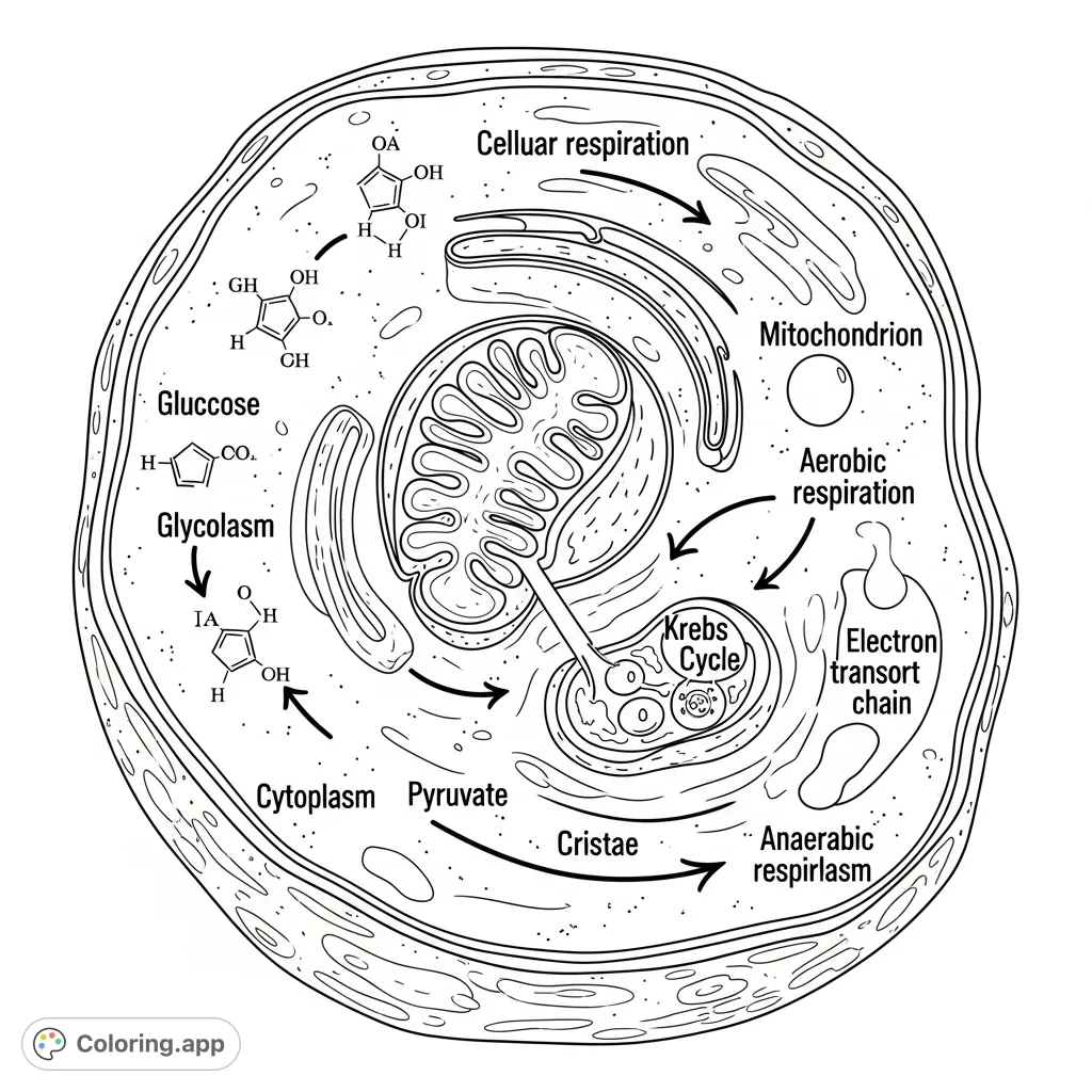 Explore a cell's intricate inner world, featuring mitochondria, cytoplasm, and the visual steps of both aerobic and anaerobic respiration pathways.