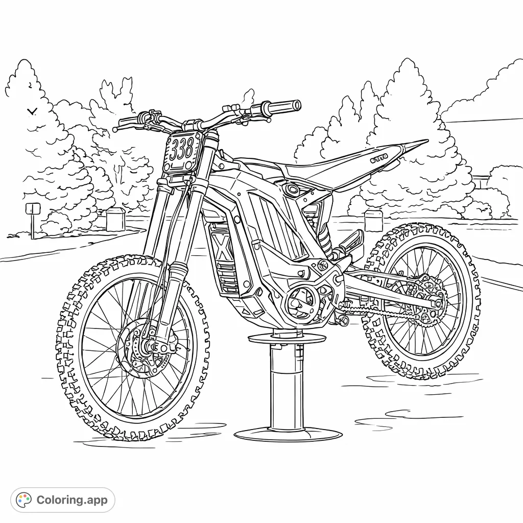 Detailed electric dirt bike coloring page on a display stand. Features intricate mechanics, knobby tires, and a dynamic off-road design for enthusiasts.