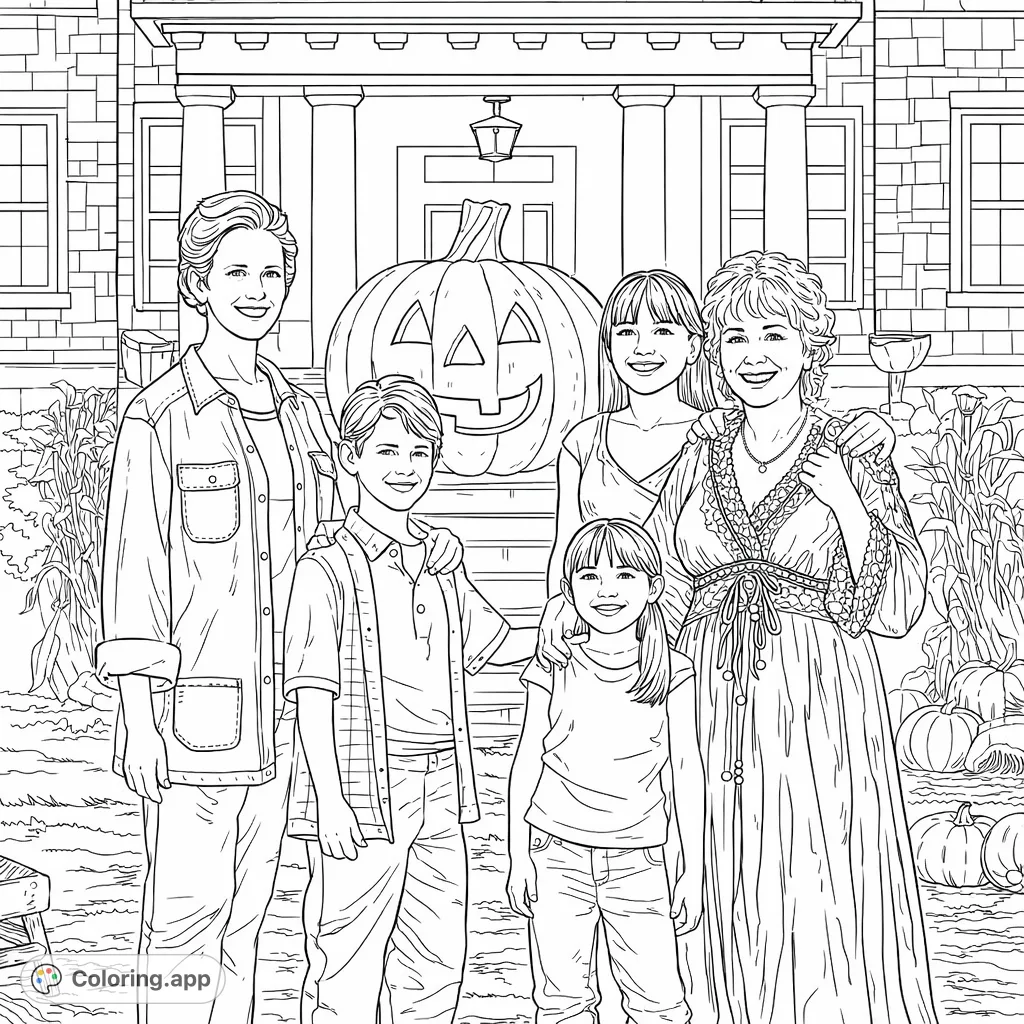 A heartwarming Halloween family gathering with a giant jack-o'-lantern, playful kids, and smiling adults in front of a grand, festive building. Perfect for autumn fun!