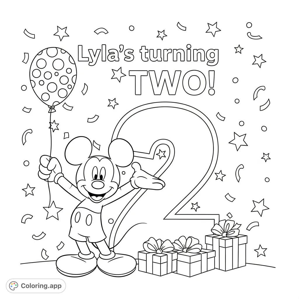 Celebrate Lyla's second birthday with Mickey Mouse! A cheerful scene featuring Mickey, a large numeral '2', festive text, confetti, stars, and gifts.
