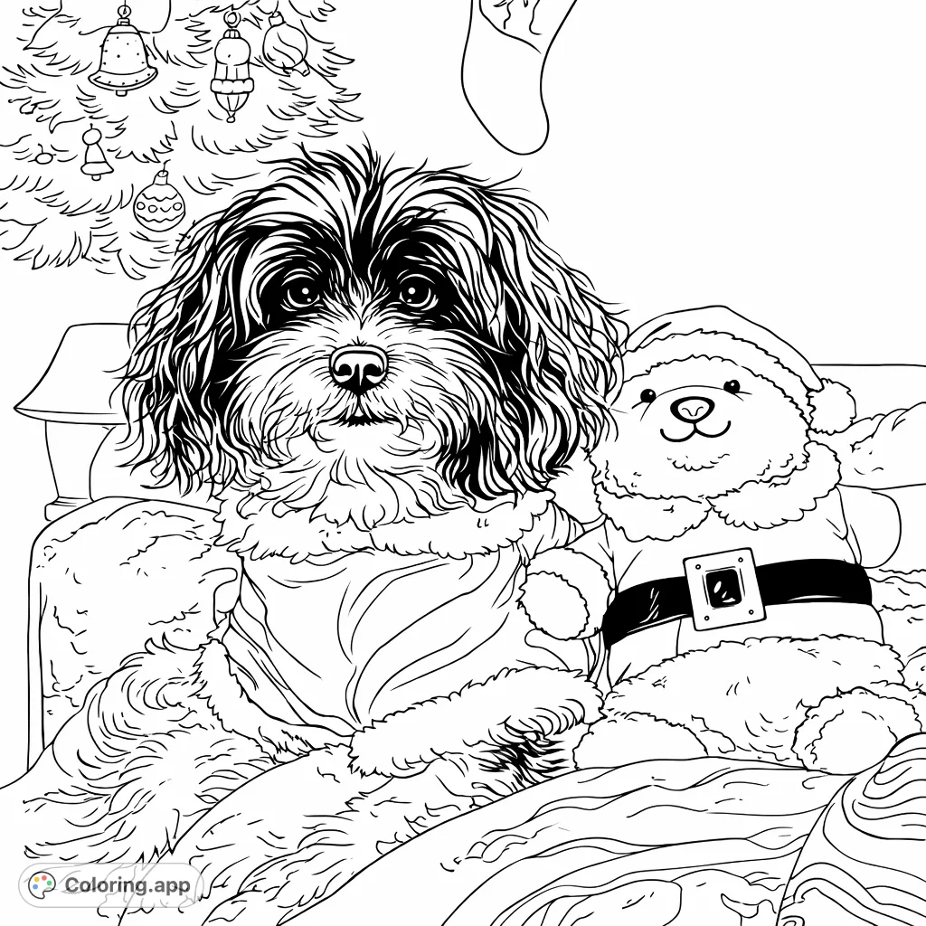 A lovable pup in a festive outfit poses next to a companion plush toy, surrounded by holiday decorations. Perfect for holiday cheer!