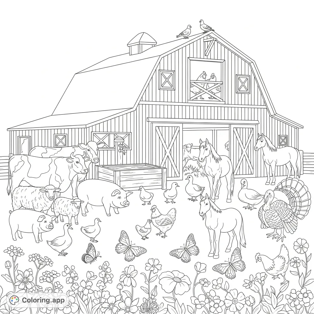 Explore a detailed farm coloring page featuring a barn, cows, chickens, pigs, horses, sheep, goats, turkeys, and delicate butterflies among blooming flowers.