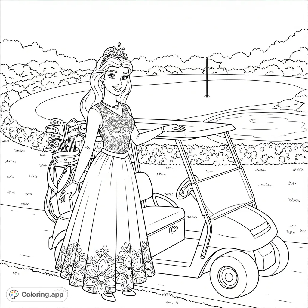 A delightful princess coloring page featuring a smiling princess on a golf course, ready for a round. Perfect for fans of fairy tales and sports!