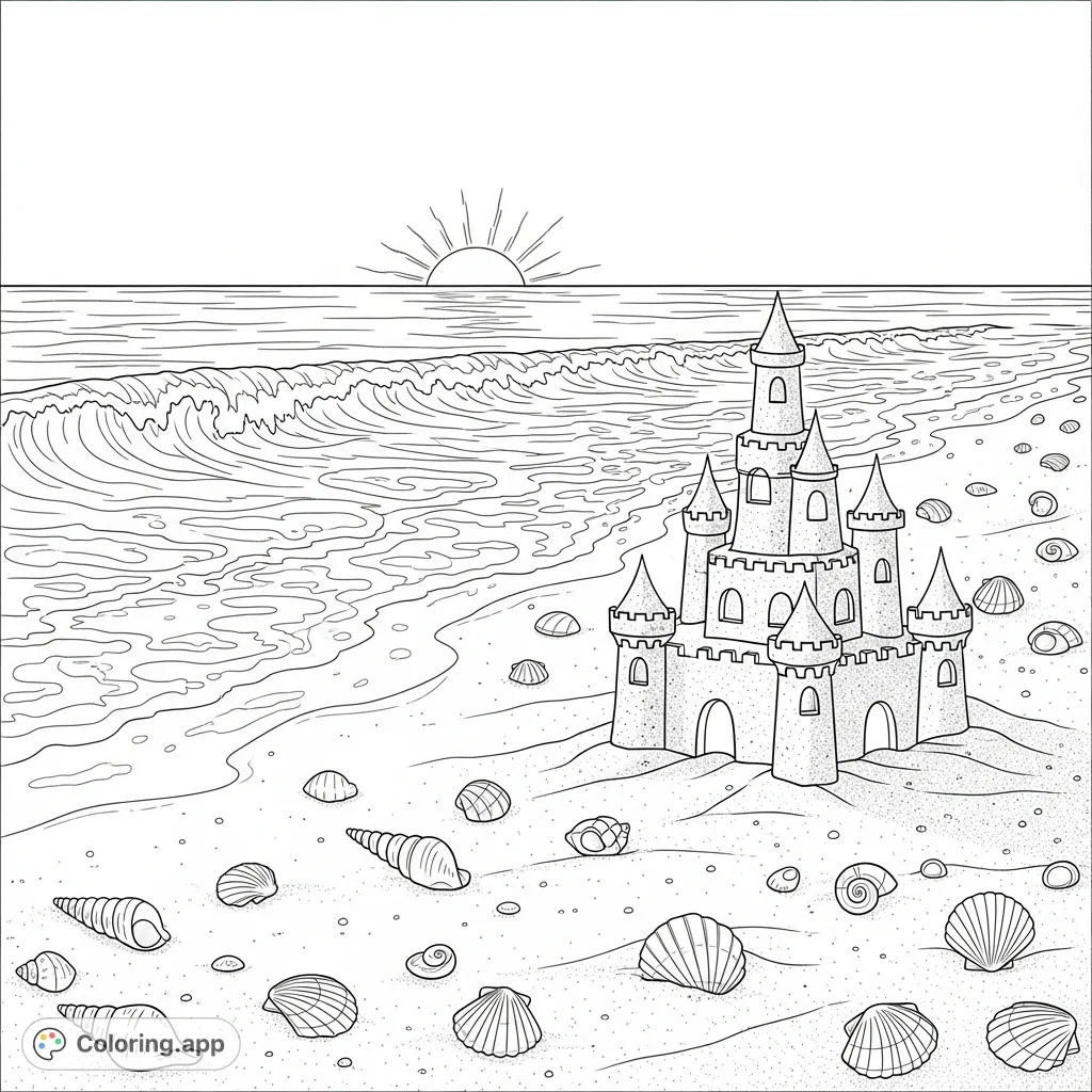 A serene beach sunset coloring page featuring gentle ocean waves, scattered seashells, and a detailed sandcastle on expansive sandy shores.