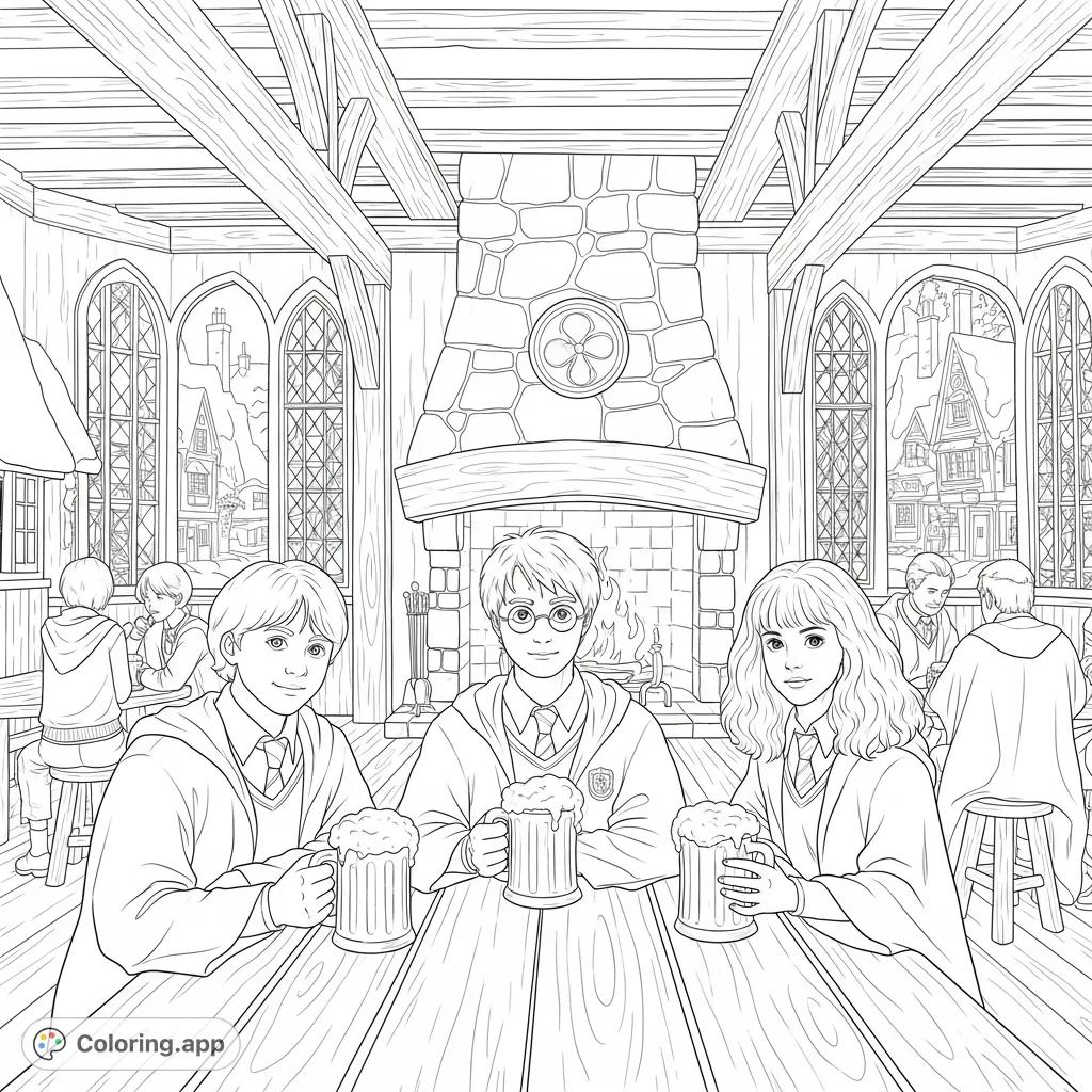 Join Harry, Ron, and Hermione enjoying frothy butterbeer at The Three Broomsticks in Hogsmeade Village. A magical Harry Potter coloring page for fans.