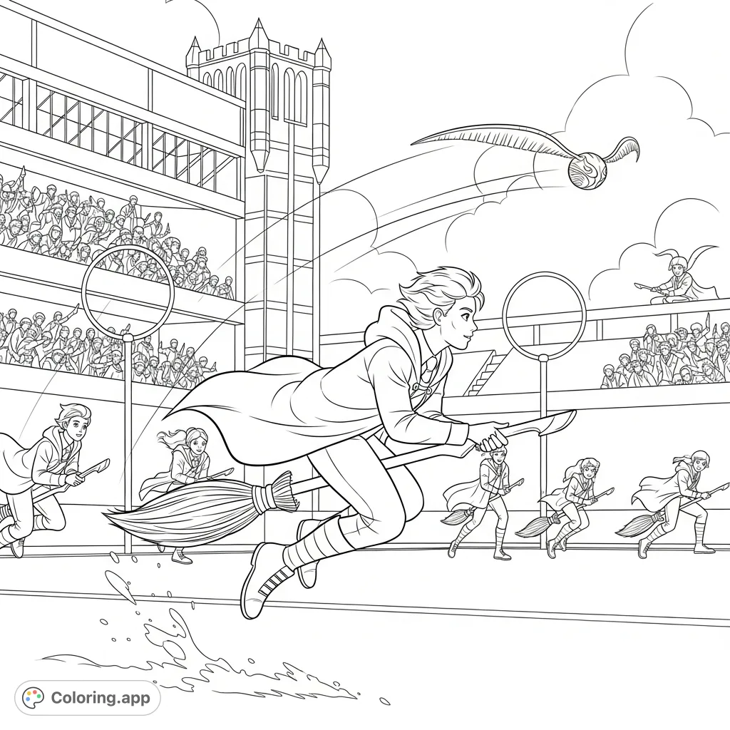 Depicts an action-packed Harry Potter Quidditch coloring page with flying students on broomsticks pursuing the elusive Golden Snitch across the pitch.