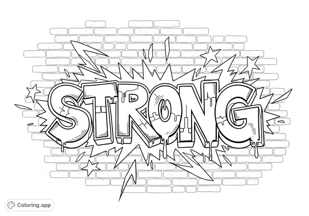 An energetic graffiti-style depiction of the word 'strong' bursting with bold lines and dynamic shapes, set against a textured urban backdrop.