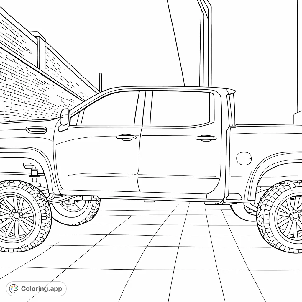 Discover this powerful lifted pickup truck coloring page. Features a robust design with custom wheels, detailed suspension, and a striking side profile, perfect for enthusiasts.