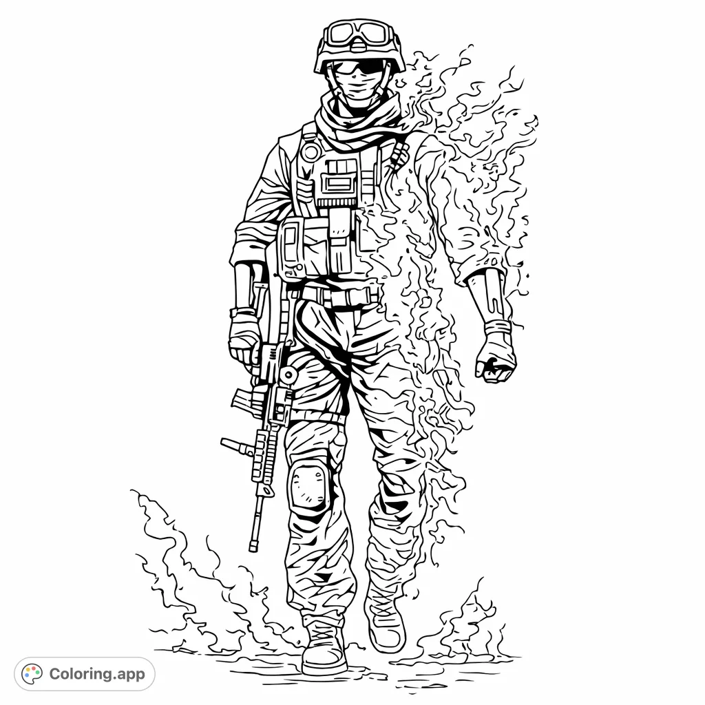 A detailed military figure in tactical gear, enveloped by a mysterious energy effect. Perfect for fans of action and sci-fi themes.