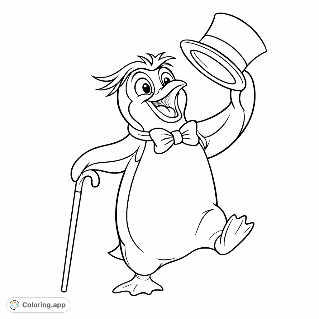 Capture the joy of a dapper penguin with a top hat and cane, mid-dance. This free printable penguin coloring page offers fun for all ages!