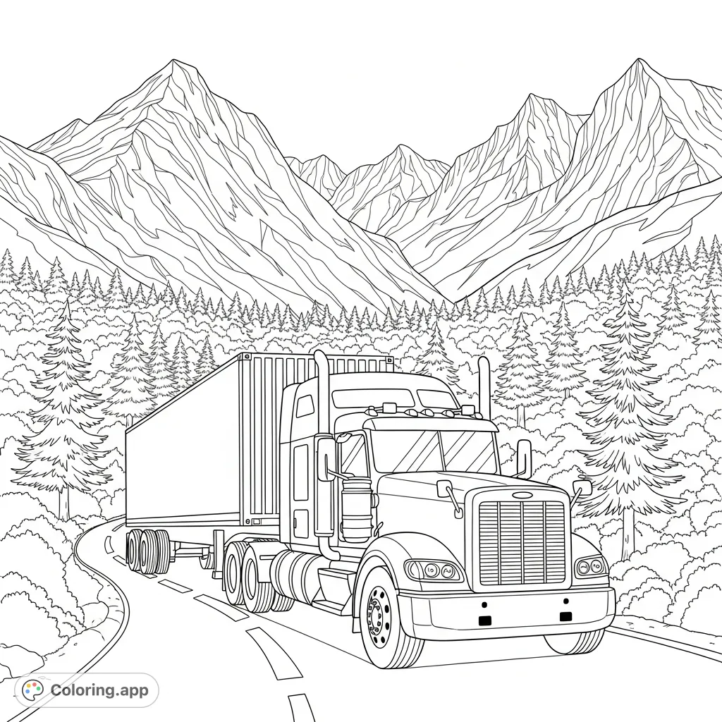 A powerful semi truck transports freight through a stunning mountain landscape, featuring a dense pine forest. Perfect for vehicle and nature enthusiasts.