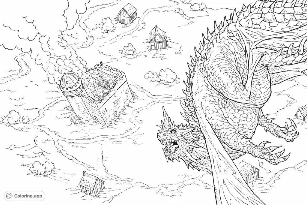 A powerful dragon soars over a medieval castle and village, a thrilling fantasy scene. Free printable dragon coloring page for adventure enthusiasts.