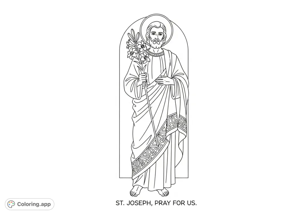 A devotional St. Joseph coloring page featuring the saint holding a lily staff and the prayer "St. Joseph, Pray for us." for spiritual reflection.