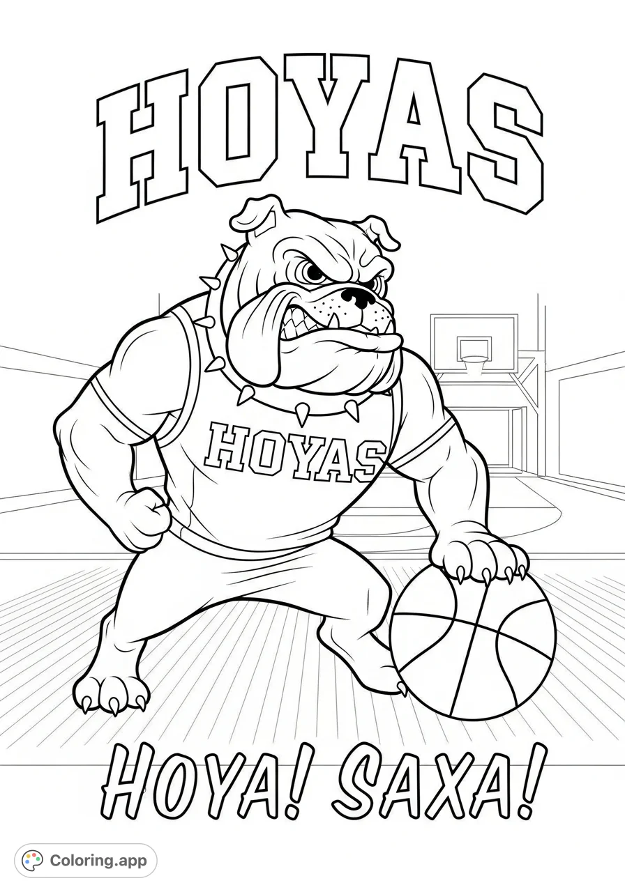 Capture Georgetown Hoyas team spirit! A powerful bulldog mascot with a basketball, 'Hoyas' team name, and 'Hoya! Saxa!' chant against a court backdrop.