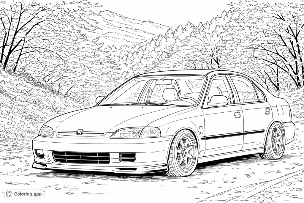 Color a detailed sedan parked along a scenic road, flanked by blossoming trees and scattered petals. Perfect for car enthusiasts and nature lovers alike.