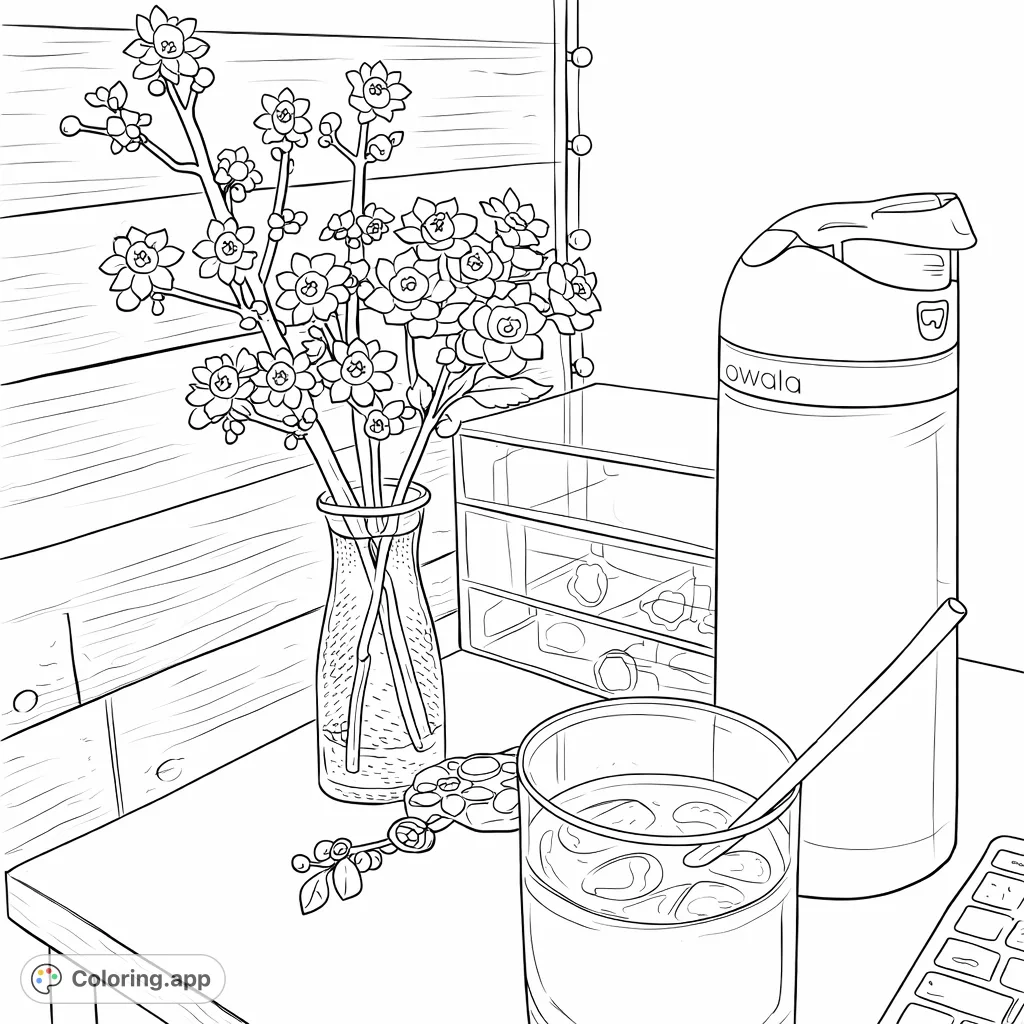 Discover a detailed floral arrangement on a cozy desk, complete with a bottle, drink, and small charming objects. Perfect for mindful coloring!