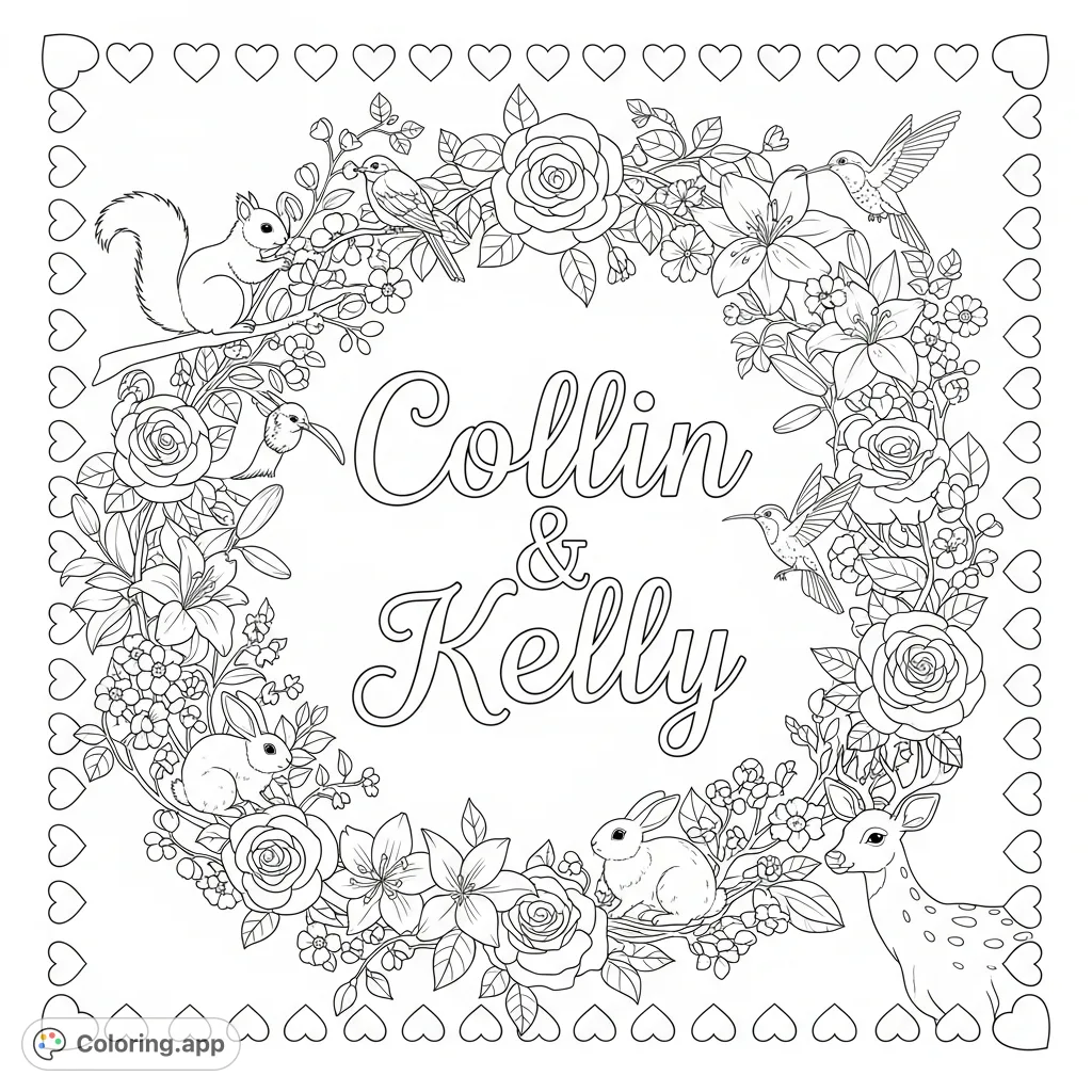 A beautiful names and nature coloring page featuring "Collin" and "Kelly" amidst a vibrant garden of flowers, wildlife, birds, and a heart border.