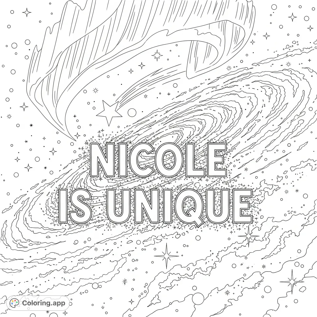 A personalized galaxy coloring page featuring 'NICOLE IS UNIQUE' amidst sparkling stars, a shooting star, and a beautiful aurora. Free printable cosmic art!