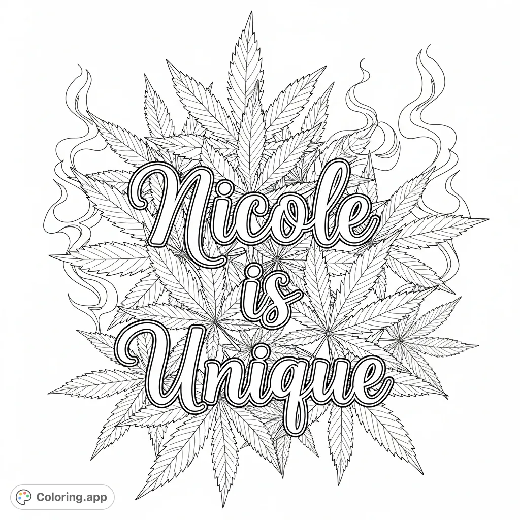 A detailed botanical coloring page featuring the stylized name "Nicole is Unique" framed by meticulously detailed cannabis leaves, intertwining tendrils, and smoke plumes.