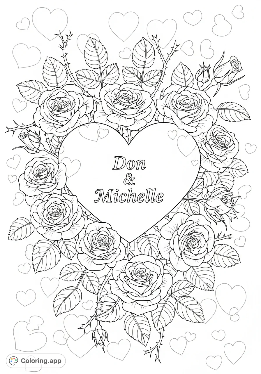 A romantic heart containing the names 'Ray' and 'Toni' is exquisitely framed by a dense, intricate design of roses, leaves, and delicate thorns, perfect for expressing love.