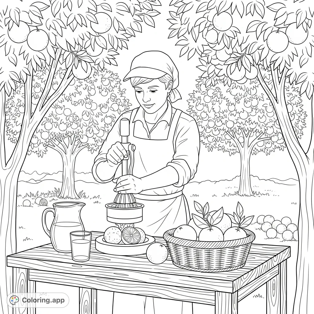 A delightful orange grove coloring page featuring a person juicing fresh oranges at a rustic table amidst fruit-laden trees. Perfect for fruit, food, and nature lovers!