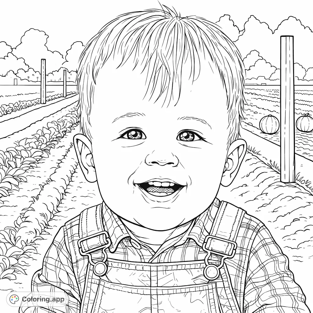 Discover a charming farm baby coloring page, a free printable activity featuring a cheerful little one in overalls. A cute baby coloring page for kids & adults!