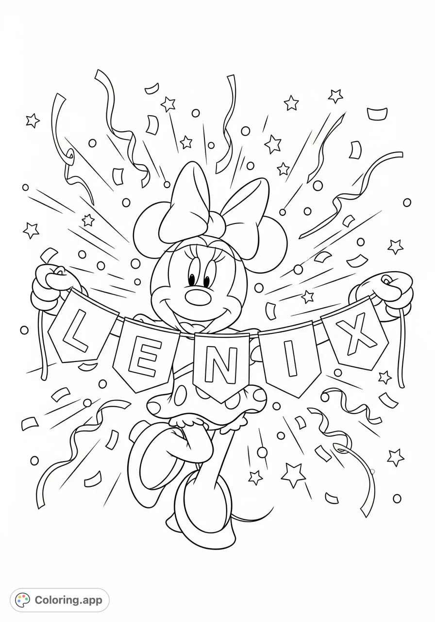Join Minnie Mouse in a festive scene, proudly displaying a personalized LENIX banner amidst a shower of confetti, stars, and streamers. A joyful coloring page for all.