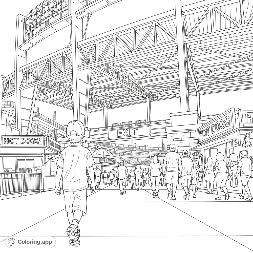 A child and a crowd exit Nationals stadium after a game, passing under stadium beams and by food stands, capturing the exciting post-game atmosphere.