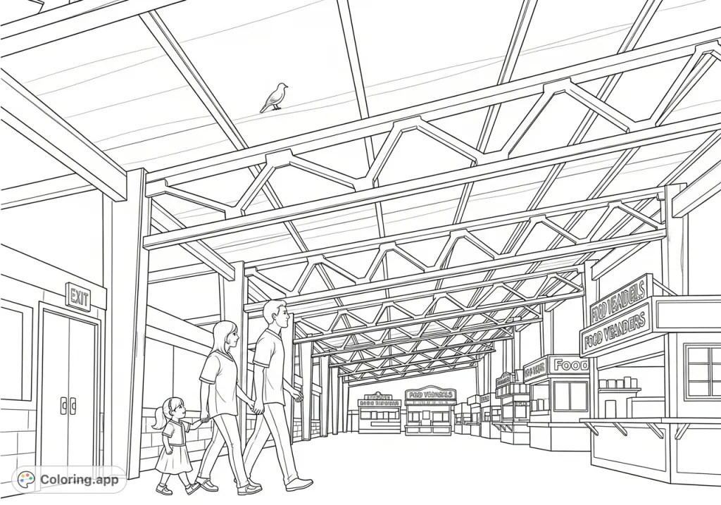 A heartwarming Nationals ballpark scene featuring a family exiting beneath grand rafters and lively food stands, with a watchful bird overhead.